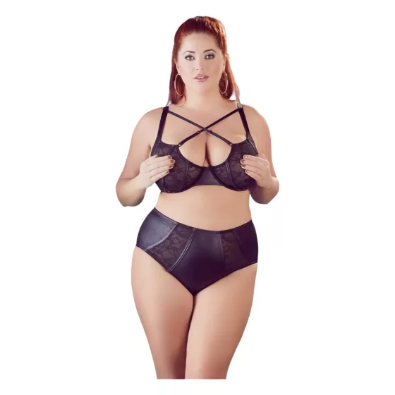 / Cottelli Plus Size - křížově páskovaná podprsenka a kalhotky (černé) - 85E/L