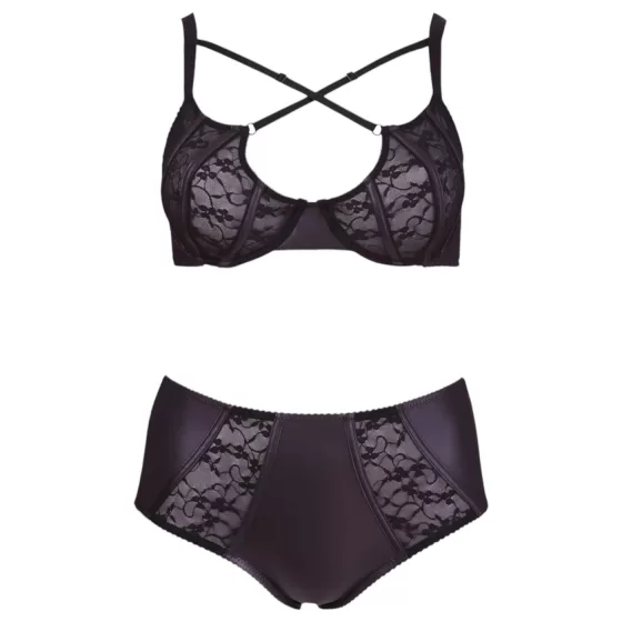 / Cottelli Plus Size - křížově páskovaná podprsenka a kalhotky (černé) - 85E/L