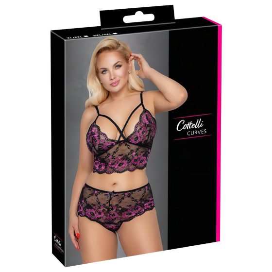 Cottelli Plus Size - květinová podprsenka set (černá-fialová)