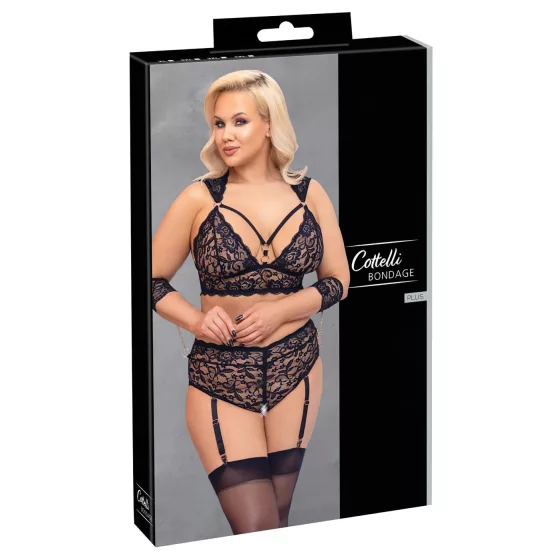 Cottelli Bondage Plus Size - krajková podprsenka sada (černá) - 3XL