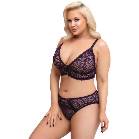 Cottelli Plus Size – Průhledná vzorovaná souprava podprsenky (fialová)