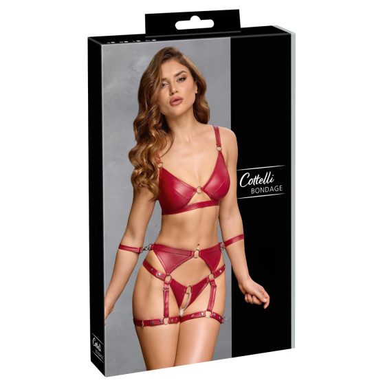 / Cottelli Bondage - lesklá podprsenka a pouta na zápěstí (červená)