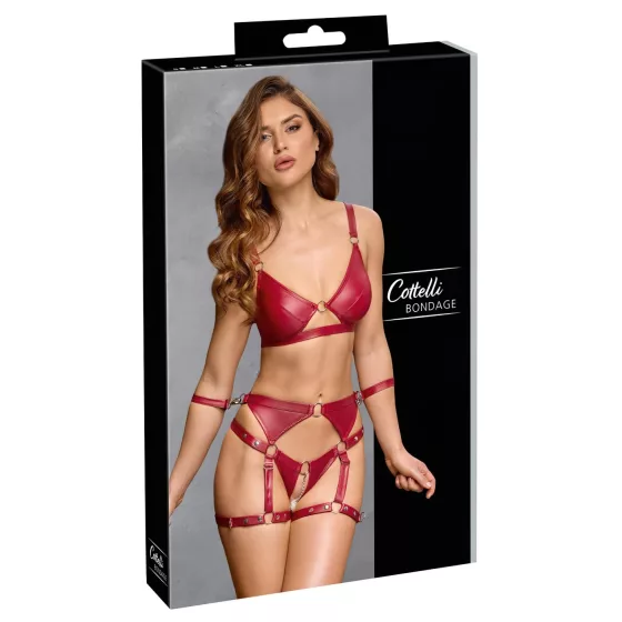 Cottelli Bondage - lesklý set podprsenky a pouta (červená) - M