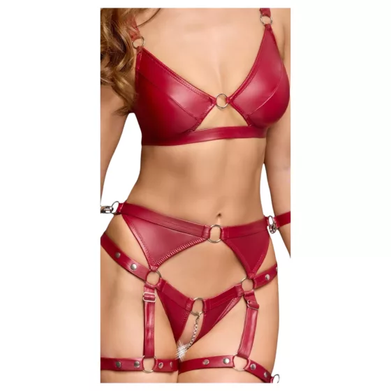 Cottelli Bondage - lesklý set podprsenky a pouta (červená) - XL