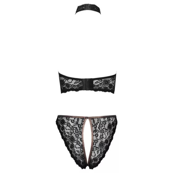 Cottelli - otevřená krajková podprsenka a tanga s růžově zlatými ozdobami (černá) - XL