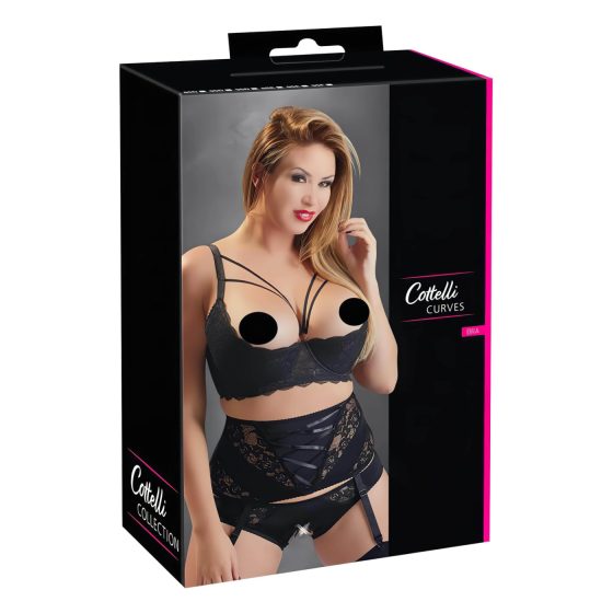 Cottelli Plus Size - poprsenky s pásky a kroužky (černé)