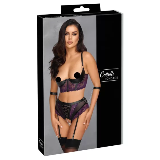 Cottelli Bondage - podprsenka a pouta na ruce - černofialová sada - XL