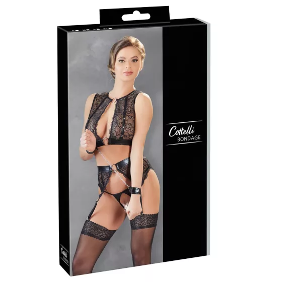 Cottelli Bondage - krajková souprava spodního prádla + pouta (4dílná sada) - XL