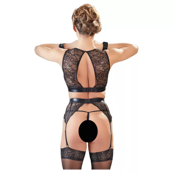 Cottelli Bondage - krajková souprava spodního prádla + pouta (4dílná sada) - XL