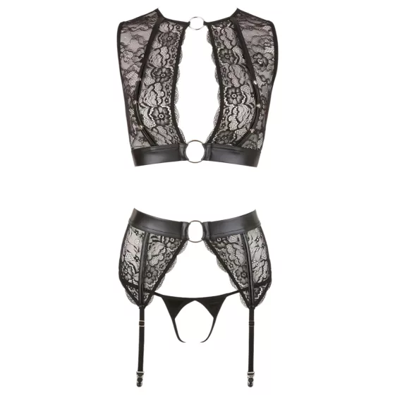 Cottelli Bondage - krajková souprava spodního prádla + pouta (4dílná sada) - XL