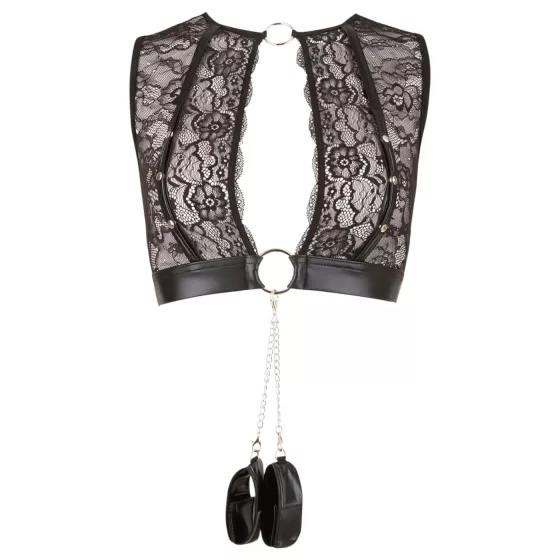 Cottelli Bondage - krajková souprava spodního prádla + pouta (4dílná sada) - XL