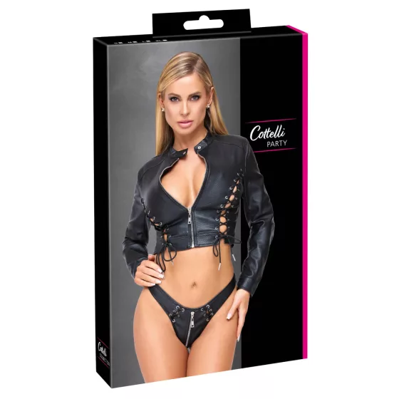 Cottelli - krátká koženka bunda a tanga set (černá) - M