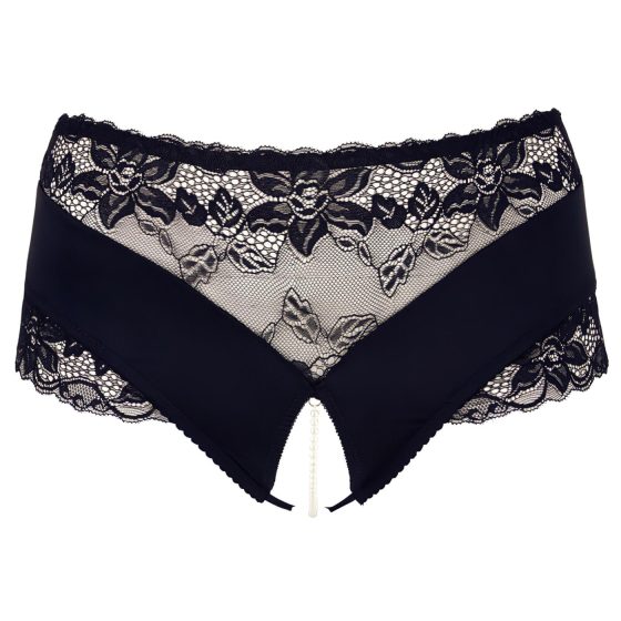 Cottelli Plus Size - krajkové perličkové otevřené kalhotky (černé)