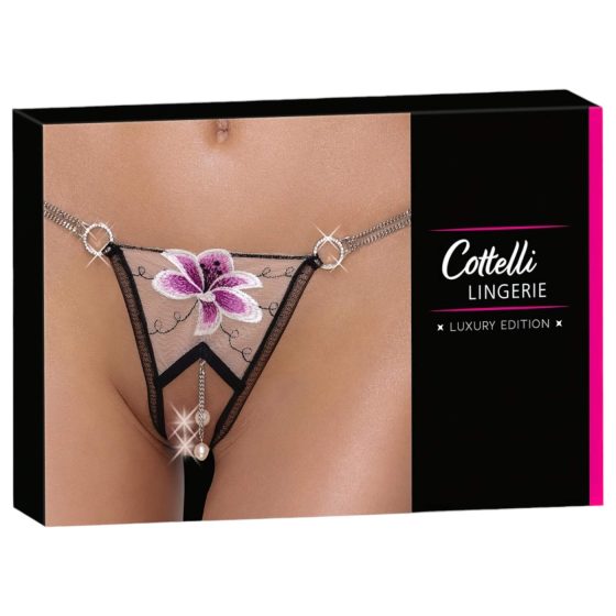 Cottelli - luxusní tanga s vyšívanou lilií (černo-bílá)