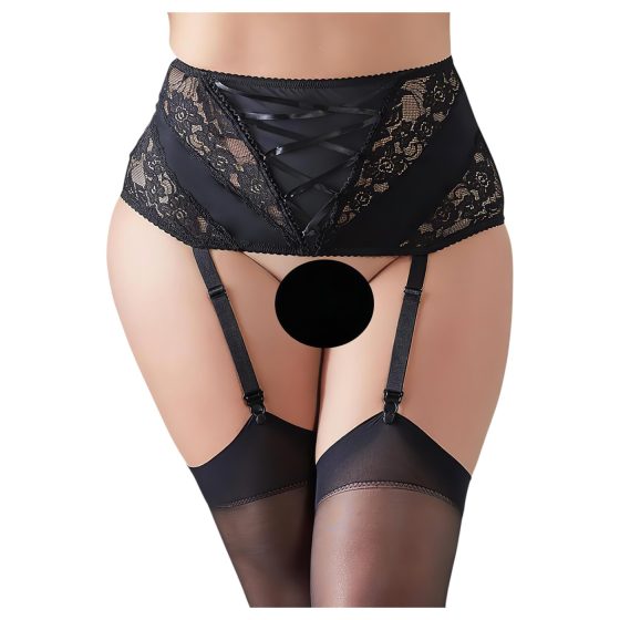Cottelli Plus Size - krajkový podvazkový pás se šněrováním (černý)