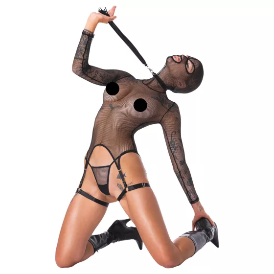 Bad Kitty - BDSM průhledná síťovaná souprava s bičíkem (černá) - M