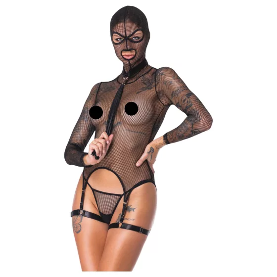 Bad Kitty - BDSM průhledná síťovaná souprava s bičíkem (černá) - L