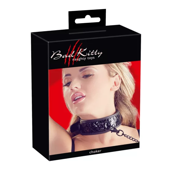 Bad Kitty - obojek s kamínky a vodítko - černý