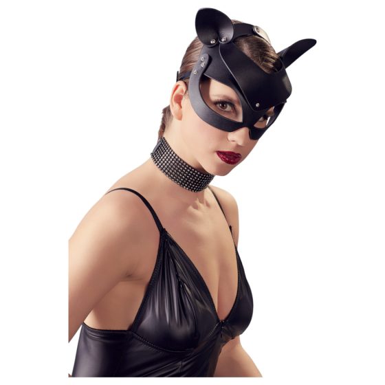 Bad Kitty - koženková maska s kamínky ve tvaru kočky - černá (S-L)