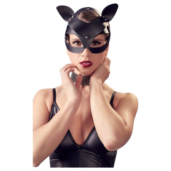 Bad Kitty - koženková maska s kamínky ve tvaru kočky - černá (S-L)
