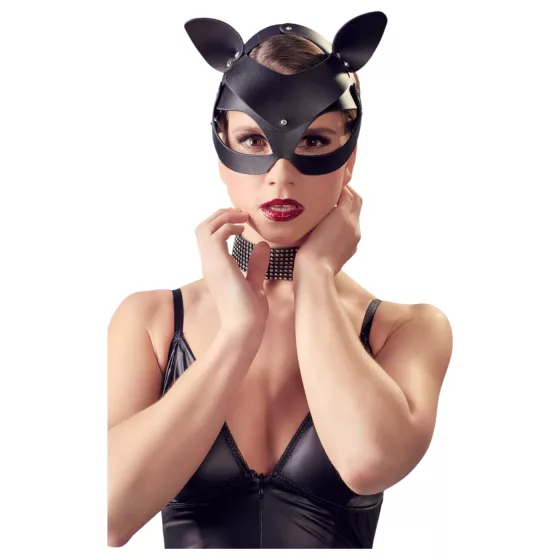 Bad Kitty - kožená kočičí maska se štrasem - černá S-L
