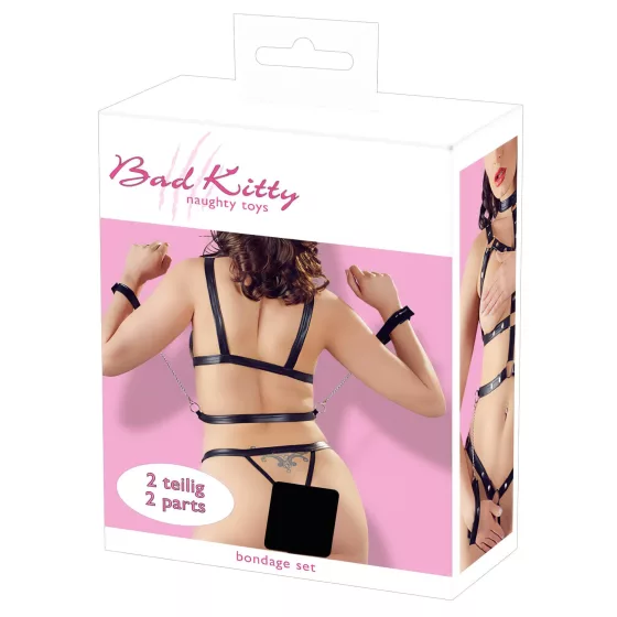 Bad Kitty - sada postrojů s ostny a pouty na ruce (černá)
