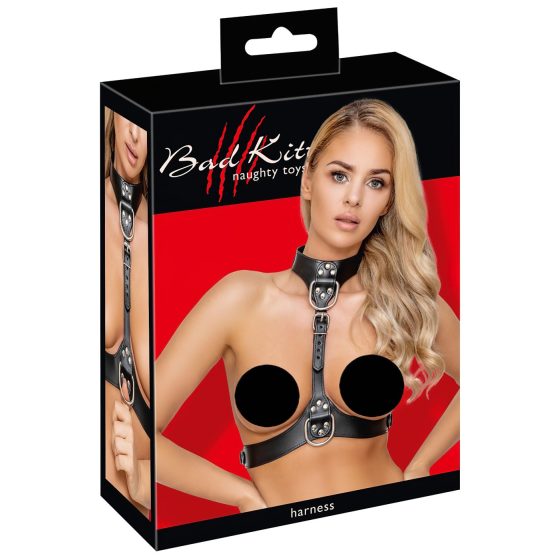 Bad Kitty – postroj na tělo s D-kroužky v koženém vzhledu (černý)
