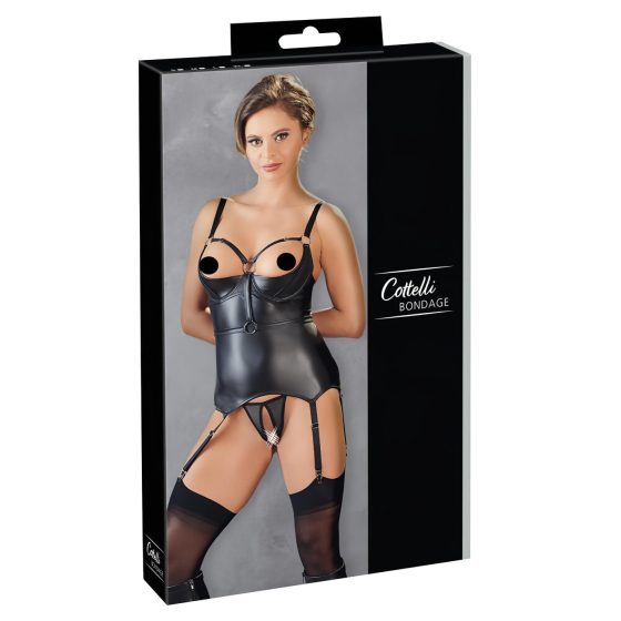 Cottelli Bondage - lesklý, zvedací top s pouty (černý)