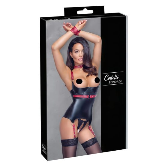 Cottelli Bondage - Lesklý top s podprsenkou a obojkem (černý)