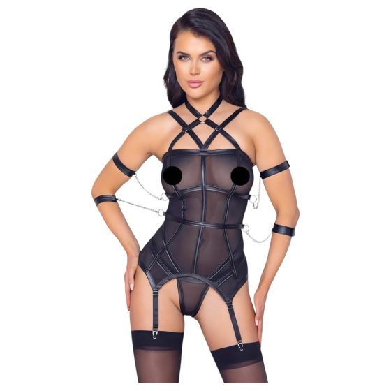 Cottelli Bondage - páskový top, pouta na ruce a tanga (černá)