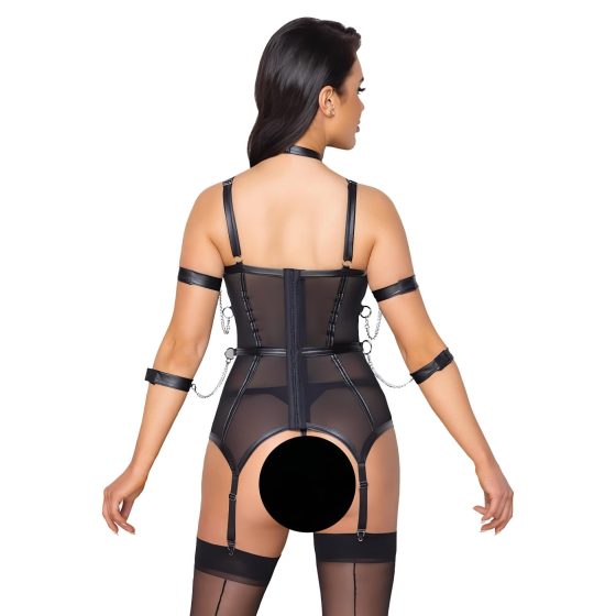 Cottelli Bondage - páskový top, pouta na ruce a tanga (černá)