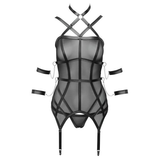 Cottelli Bondage - top s popruhy, pouta na ruce a tanga (černá) - M