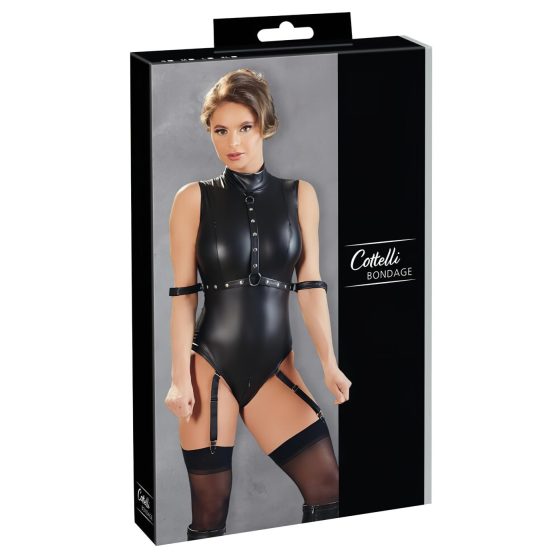 Cottelli Bondage - bezrukávový lesklý body a pouta na ruce (černé)