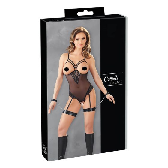 Cottelli Bondage - body s kovovými kroužky a pouta na ruce (černé)