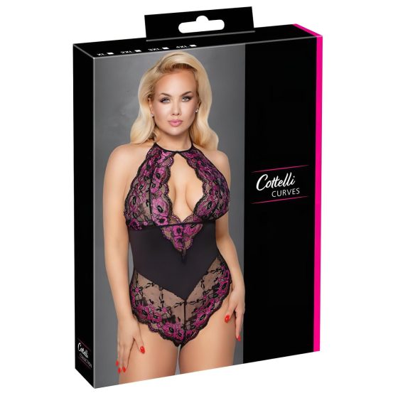 Cottelli Plus Size - krajkové body s květinovým vzorem - černá/fialová