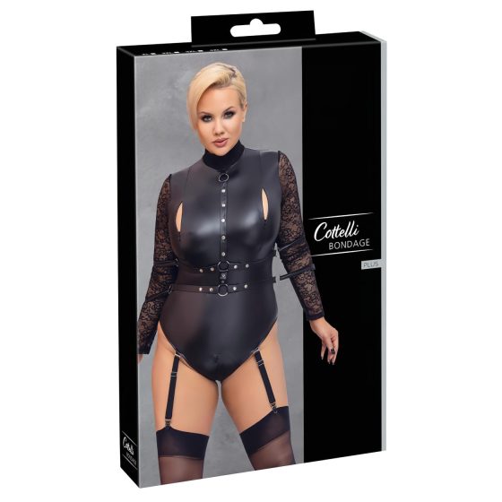 / Cottelli Bondage Plus Size - krajkové body s rukávy (černé)