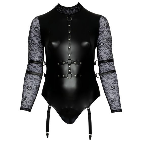 / Cottelli Bondage Plus Size - krajkové body s rukávy (černé)