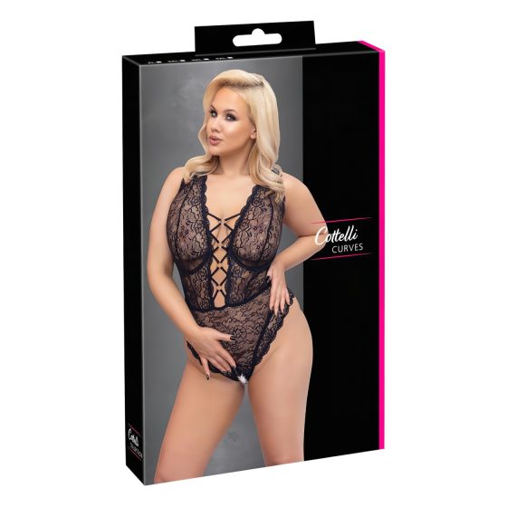 Cottelli Curves Plus Size - transparentní vzorované body - černé - 90D/XL