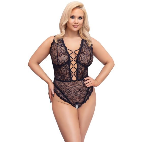 Cottelli Curves Plus Size - transparentní vzorované body - černé - 90D/XL