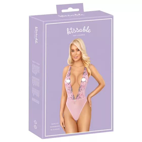 Kissable - erotické body s růžovou výšivkou - růžová