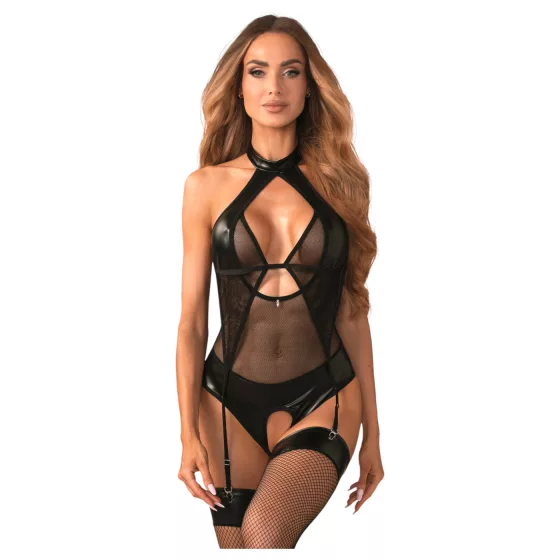 Obsessive Dominna - dámské body - průsvitné, lesklý efekt - černé - L/XL