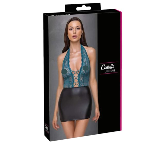 Cottelli - šaty s krajkou a šněrováním - lesklé - černozelené - L