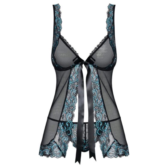 Obsessive Amanta - vyšívaná babydoll košilka a tanga (černá-tyrkysová)