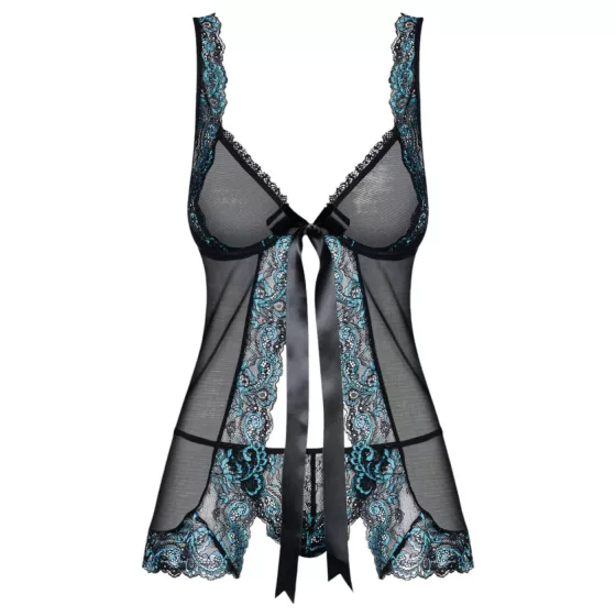 Obsessive - babydoll s výšivkou a tanga - černá/tyrkysová