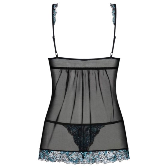 Obsessive Amanta - vyšívaná babydoll košilka a tanga (černá-tyrkysová)