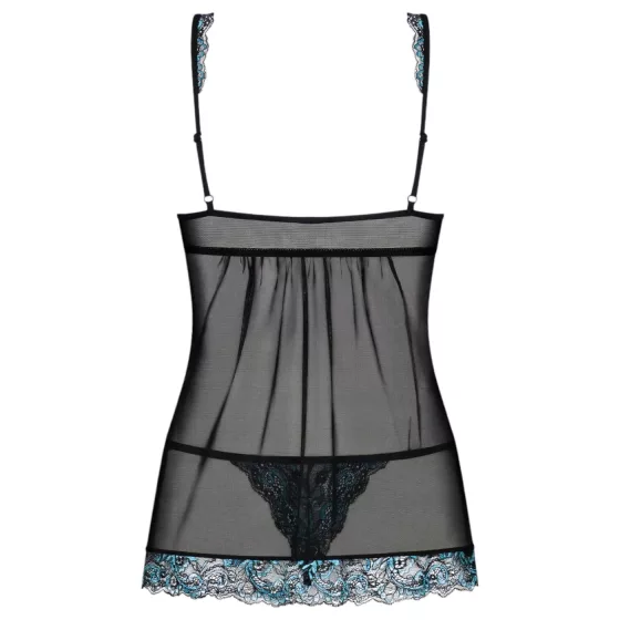 Obsessive - babydoll s výšivkou a tanga - černá/tyrkysová - L/XL