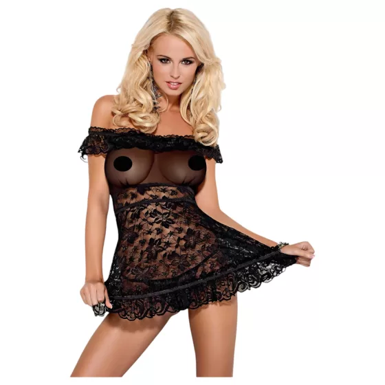 Obsessive - babydoll s volánky a tanga - černá - L/XL