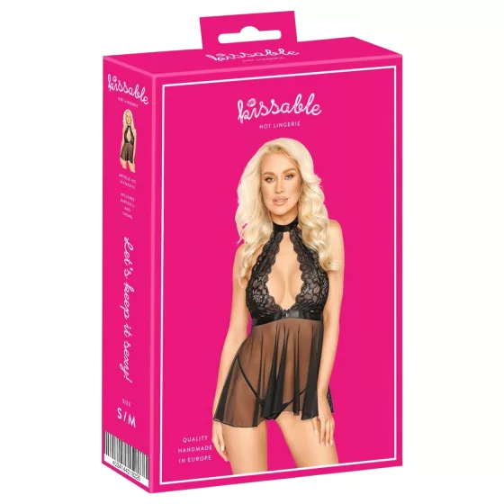 Kissable - babydoll na krk - krajka - černá