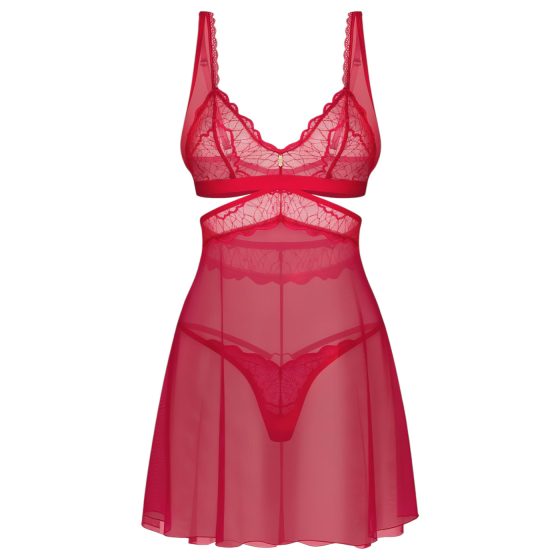 Obsessive Cupide Desir - průsvitná krajková noční košilka set (červená)