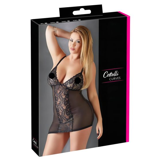 Cottelli Plus Size - krajkovaná průhledná noční košilka (černá)
